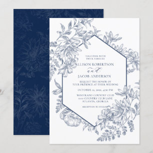 Invitation Mariage géométrique floral bleu marine et blanc