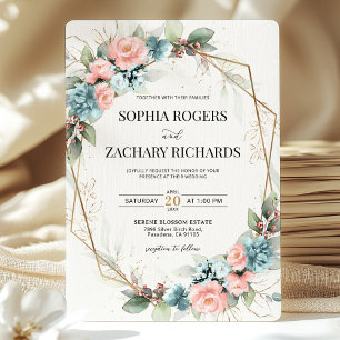 Invitation Mariage géométrique floral bleu poussiéreux corail