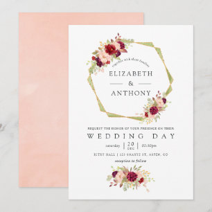 Invitation Mariage géométrique floral en Bourgogne et rose bl