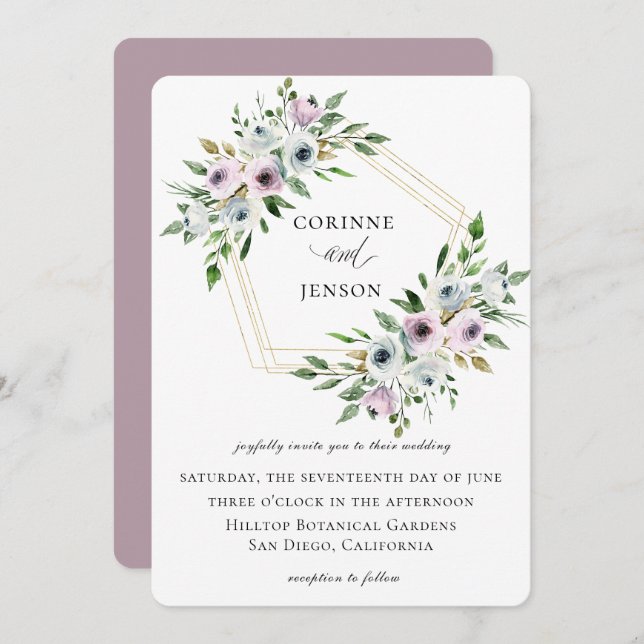 Invitation Mariage géométrique floral mauve (Devant / Derrière)