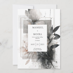 Invitation Mariage Géométrique Floral Noir Blanc Abstrait