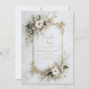 Invitation Mariage Géométrique Floral Or Marbre Blanc Élégant