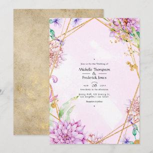 Invitation Mariage géométrique floral pourpre et or