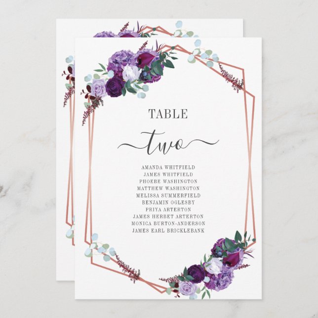 Invitation Mariage géométrique floral pourpre Numéros de tabl (Devant / Derrière)
