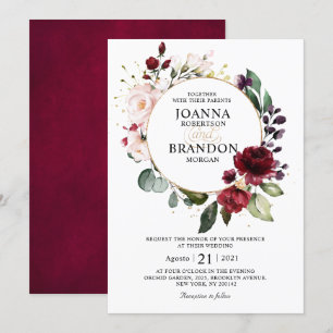 Invitation Mariage géométrique floral romantique Burgundy I