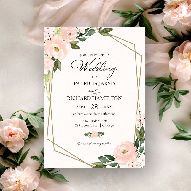 Invitation Mariage Géométrique Floral Rose Blush (Créateur téléchargé)