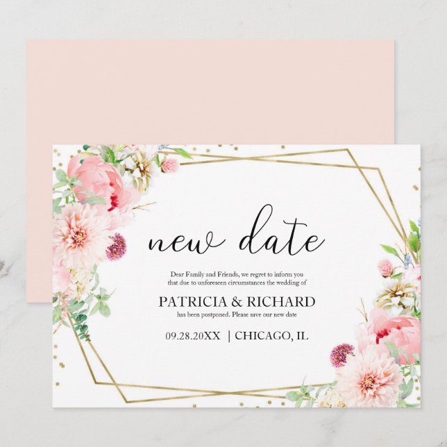 Invitation Mariage Géométrique Floral Rose Reporté (Devant / Derrière)