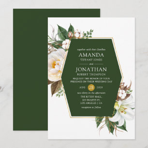 Invitation Mariage géométrique floral vert foncé et or
