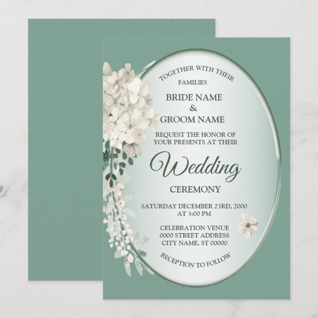 Invitation Mariage Géométrique Floral Vert Jasmin Blanc (Devant / Derrière)