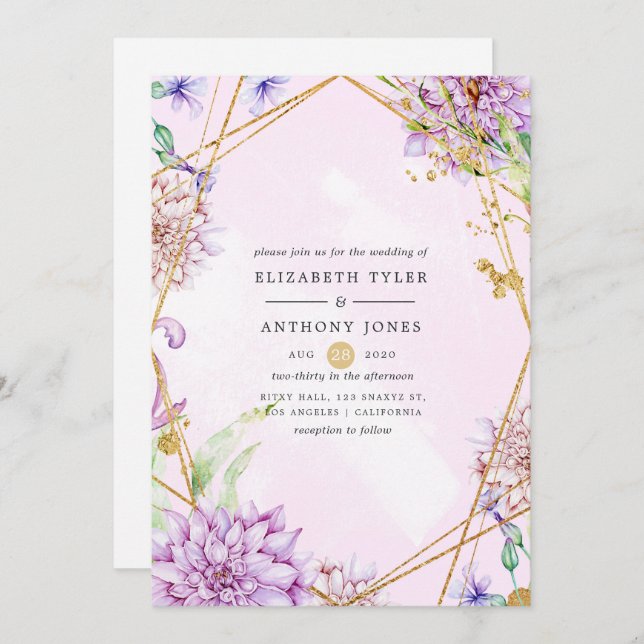 Invitation Mariage géométrique Floral violet et or (Devant / Derrière)