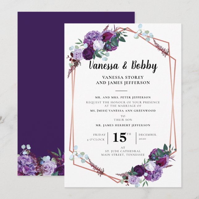 Invitation Mariage Géométrique Floral Violet Script (Devant / Derrière)