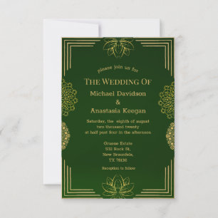 Invitation mariage géométrique luxe or vert moderne 