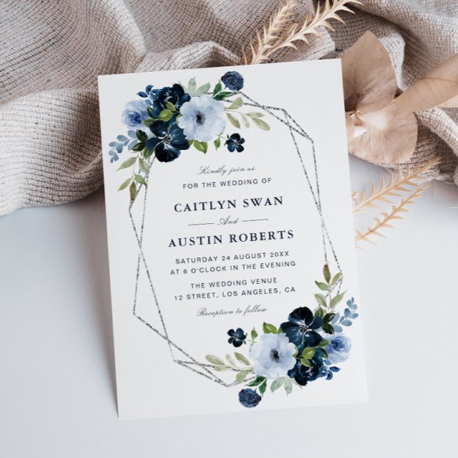 Invitation Mariage géométrique marine et bleu clair (Créateur téléchargé)