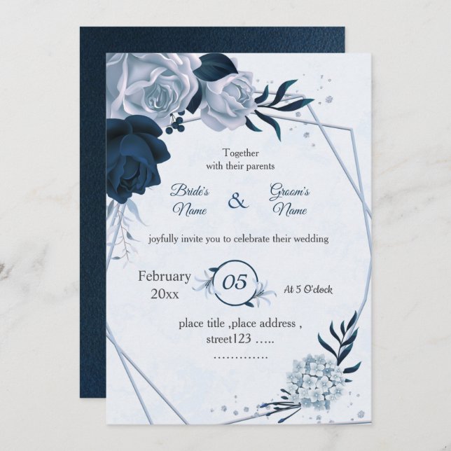 Invitation mariage géométrique marine et bleu poussiéreux (Devant / Derrière)