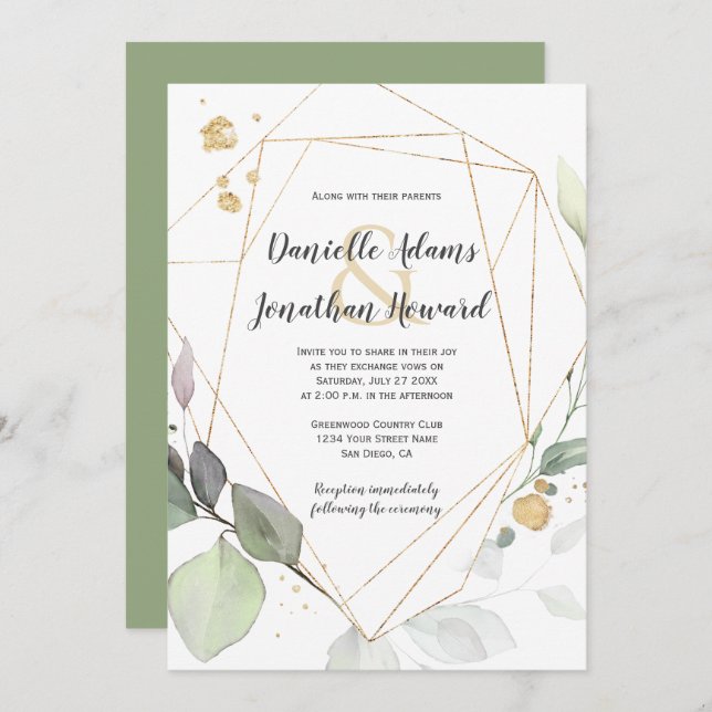 Invitation Mariage géométrique Meadow Green et Feuilles Gold (Devant / Derrière)