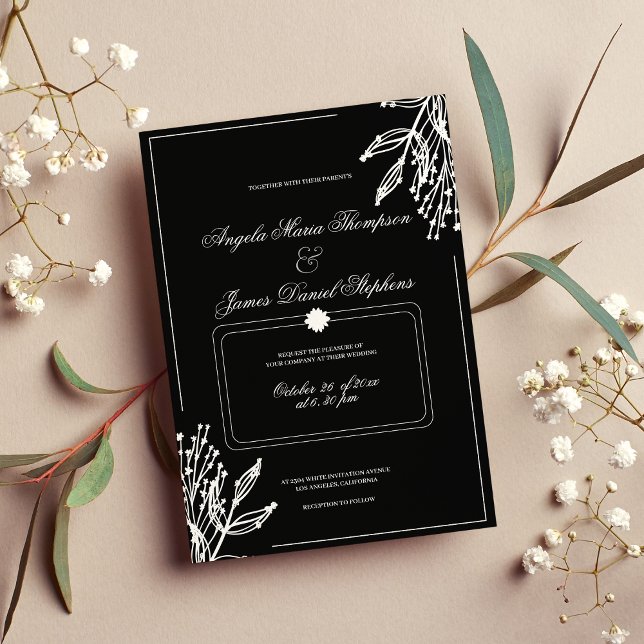 Invitation Mariage géométrique minimaliste à floral noir (Minimalist geometric black white floral weddding invitation )
