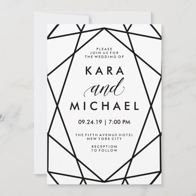 Invitation Mariage géométrique minimaliste noir et blanc mode (Devant)