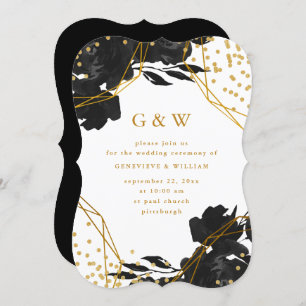 Invitation Mariage géométrique moderne Black Floral Faux Gold