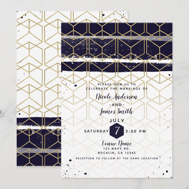 Invitation Mariage géométrique moderne bleu marine et or Hexa (Devant / Derrière)