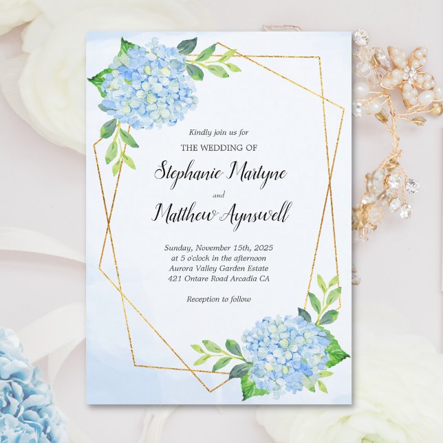 Invitation Mariage géométrique moderne Blue Hydrangea (Créateur téléchargé)