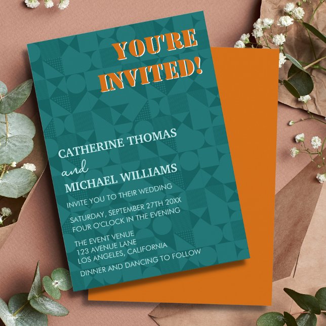 Invitation Mariage géométrique moderne coloré vert et orange (Créateur téléchargé)