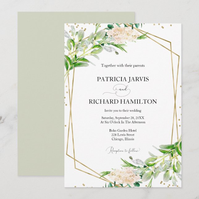 Invitation Mariage Géométrique Moderne Élégant de Verdure (Devant / Derrière)