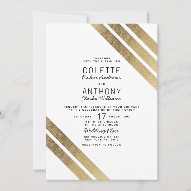 Invitation Mariage géométrique moderne en or blanc élégant (Devant)