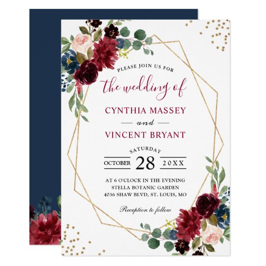 Invitation Mariage Geometrique Moderne Floral Blue Gold De Bo Zazzle Fr