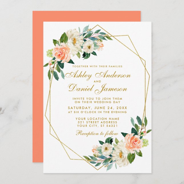 Invitation Mariage géométrique moderne Floral Coral Or (Devant / Derrière)