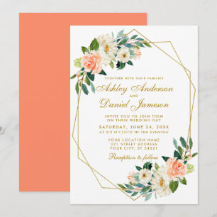 Invitation Mariage géométrique moderne Floral Coral Or