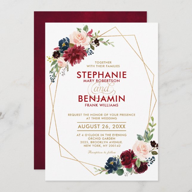 Invitation Mariage géométrique moderne Floral de la Marine Ro (Devant / Derrière)