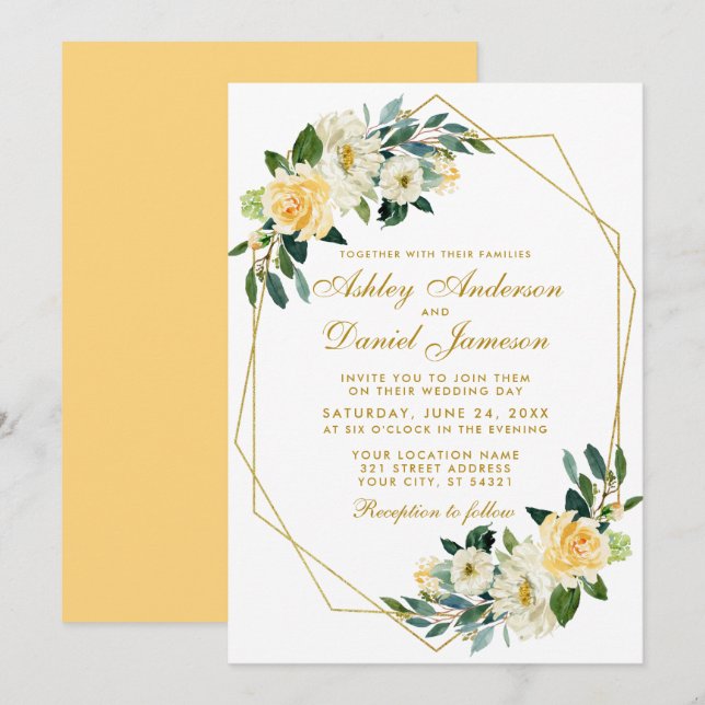 Invitation Mariage géométrique moderne Floral Jaune Or (Devant / Derrière)