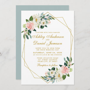 Invitation Mariage géométrique moderne Floral Rose or G