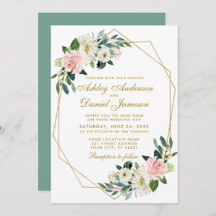 Invitation Mariage géométrique moderne Floral Rose or G
