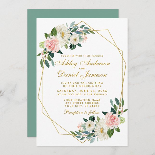 Invitation Mariage géométrique moderne Floral Rose or G (Devant / Derrière)