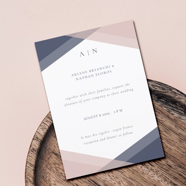 Invitation Mariage géométrique moderne Monogramme Navy & Blus (Créateur téléchargé)