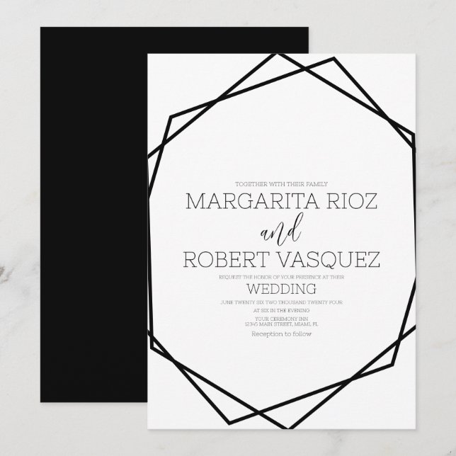 Invitation Mariage géométrique moderne noir blanc (Devant / Derrière)