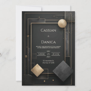 Invitation Mariage géométrique moderne noir et or