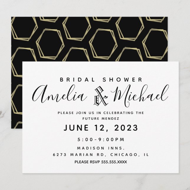Invitation Mariage géométrique moderne or et noir (Devant / Derrière)