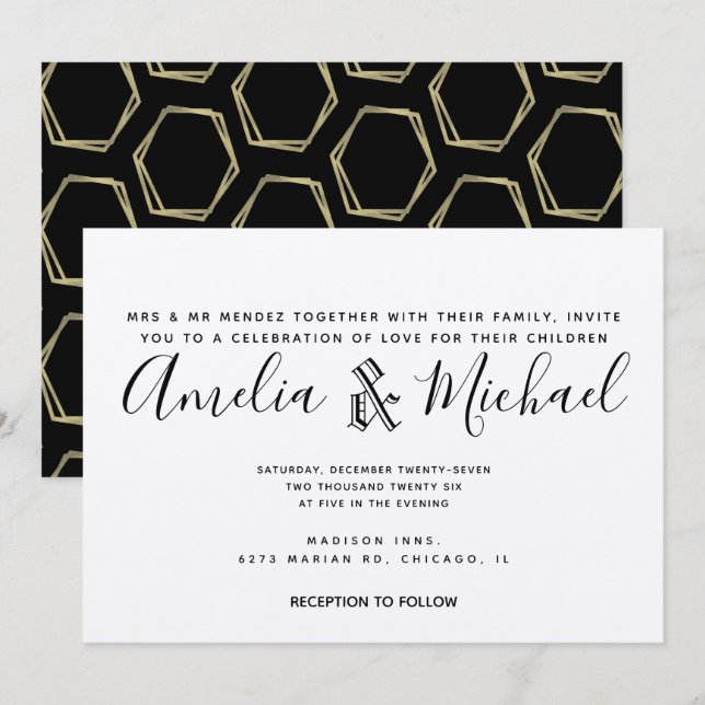 Invitation Mariage géométrique moderne or et noir Kraft (Devant / Derrière)