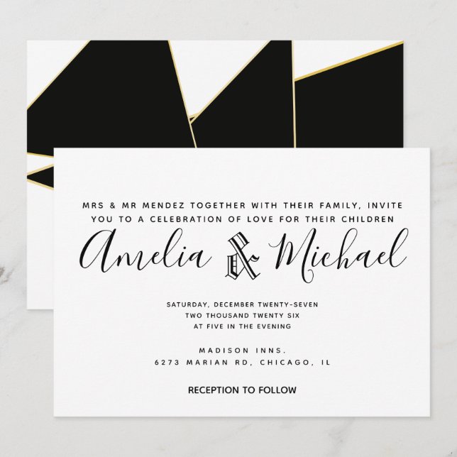 Invitation Mariage Géométrique Moderne Or Noir Blanc (Devant / Derrière)