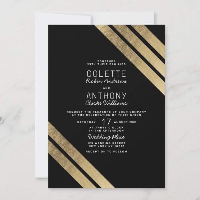Invitation Mariage géométrique moderne or noir de luxe (Devant)