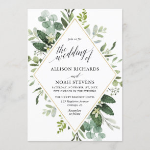 Invitation Mariage géométrique moderne or vert d'eucalyptus