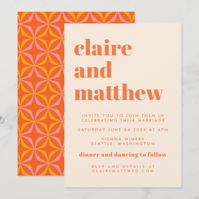 Invitation Mariage géométrique moderne Orange Rétro Tout en u (Devant / Derrière)