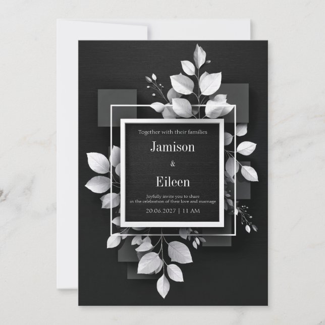 Invitation Mariage Géométrique Monochrome Noir Blanc Feuille (Devant)