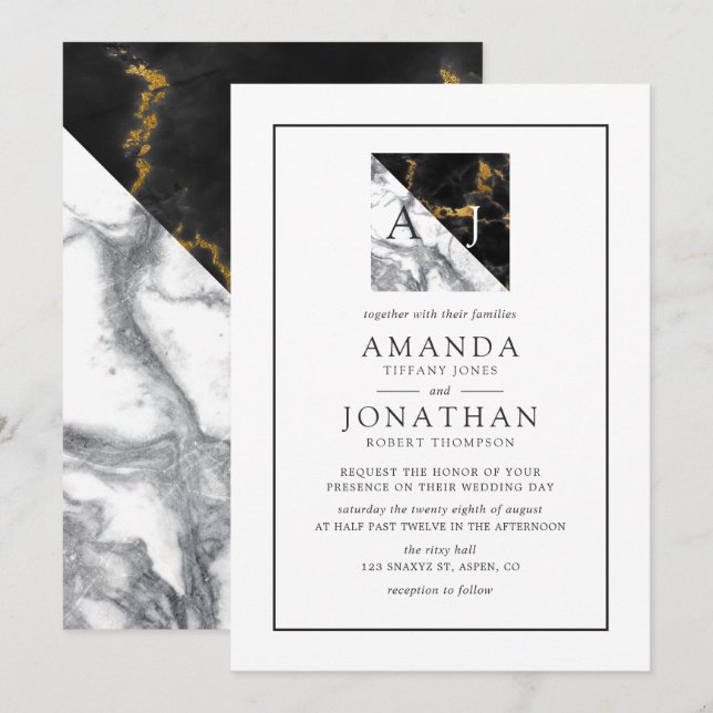 Invitation Mariage géométrique monogramme chic marbre et feui (Devant / Derrière)