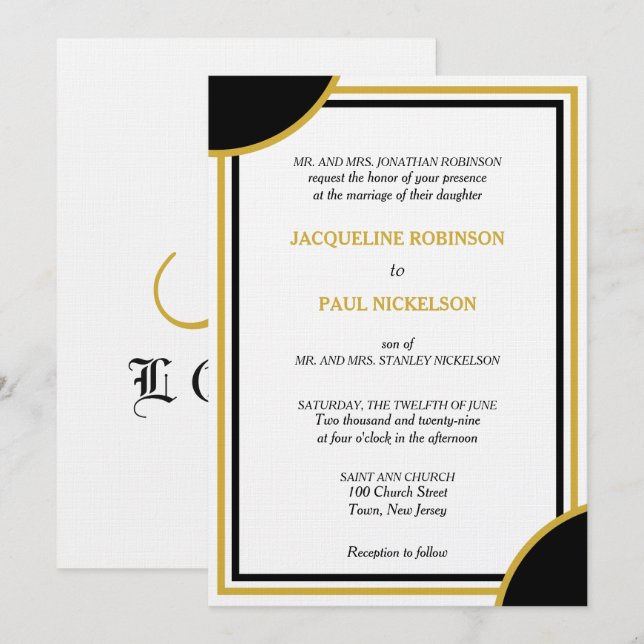 Invitation Mariage Géométrique Monogramme Or Blanc Noir (Devant / Derrière)