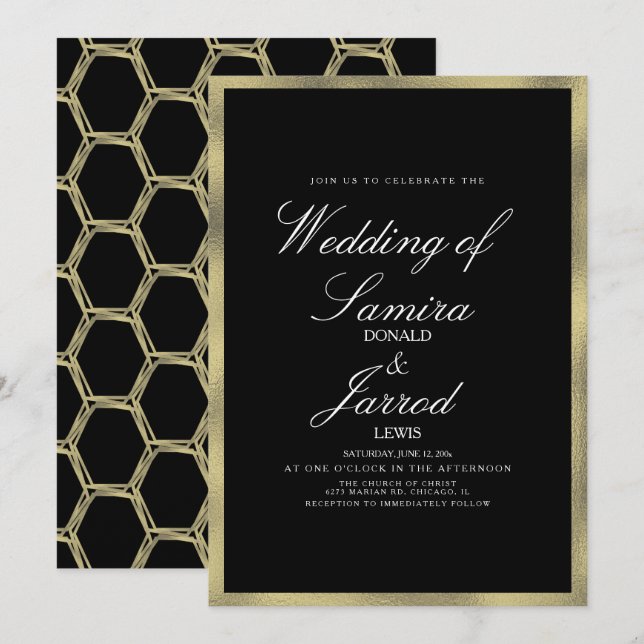 Invitation Mariage Géométrique Noir Faux Or Moderne (Devant / Derrière)