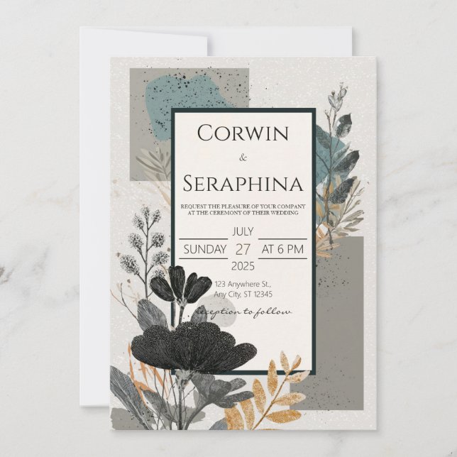 Invitation Mariage Géométrique Noir Floral Or Abstrait (Devant)