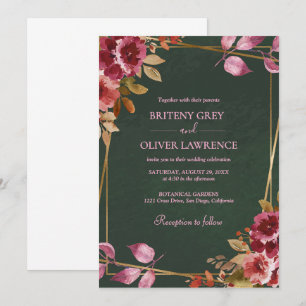 Invitation Mariage Géométrique Or Bordeaux et Floral Vert